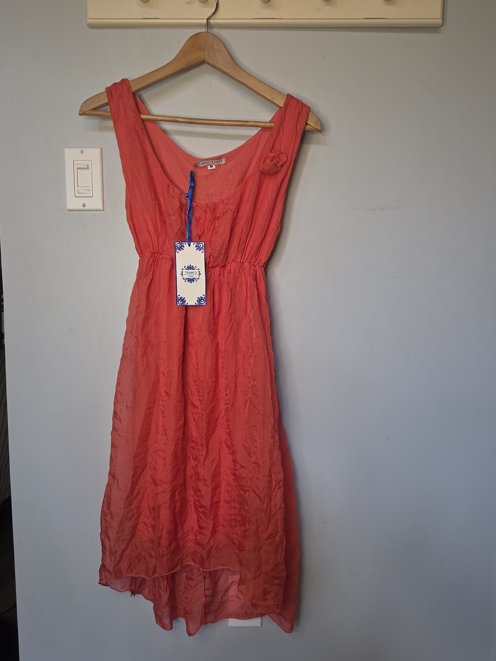 Tempo Paris Coral Silk Scoop Neck Rosette Dress High Low Hem NWT Medium
